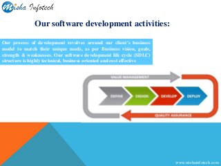 Our software development activities:
www.mishainfotech.com
Our process of development revolves around our client's business
model to match their unique needs, as per Business vision, goals,
strength & weaknesses. Our software development life cycle (SDLC)
structure is highly technical, business oriented and cost effective
 