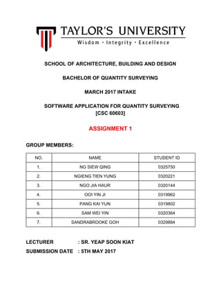 SCHOOL OF ARCHITECTURE, BUILDING AND DESIGN
BACHELOR OF QUANTITY SURVEYING
MARCH 2017 INTAKE
​SOFTWARE APPLICATION FOR QUANTITY SURVEYING
[CSC 60603]
ASSIGNMENT 1
GROUP MEMBERS:
NO. NAME STUDENT ID
1. NG SIEW QING 0325750
2. NGIENG TIEN YUNG 0320221
3. NGO JIA HAUR 0320144
4. OOI YIN JI 0319962
5. PANG KAI YUN 0319802
6. SAM WEI YIN 0320364
7. SANDRABROOKE GOH 0329884
LECTURER : SR. YEAP SOON KIAT
SUBMISSION DATE : 5TH MAY 2017
 