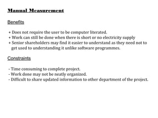 Manual Measurement
Benefits
+ Does not require the user to be computer literated.
+ Work can still be done when there is short or no electricity supply
+ Senior shareholders may find it easier to understand as they need not to
get used to understanding it unlike software programmes.
Constraints
- Time consuming to complete project.
- Work done may not be neatly organized.
- Difficult to share updated information to other department of the project.
 