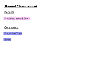 Manual Measurement
Benefits
Flexibility in workflow -
Constraints
Production Time
Errors
 
