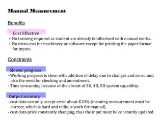 Manual Measurement
Benefits
Cost Effective
+ No training required as student are already familiarized with manual works.
+ No extra cost for machinery or software except for printing the paper format
for inputs.
Constraints
Slower progress
- Working progress is slow, with addition of delay due to changes and error, and
also the need for checking and amendment.
- Time consuming because of the absent of 3D, 4D, 5D system capability.
Output accuracy
- cost data can only accept error about 10% (meaning measurement must be≧
correct, which is hard and tedious work for manual)
- cost data price constantly changing, thus the input must be constantly updated.
 