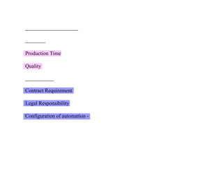 Production Time
Quality
Contract Requirement
Legal Responsibility
Configuration of automation -
 