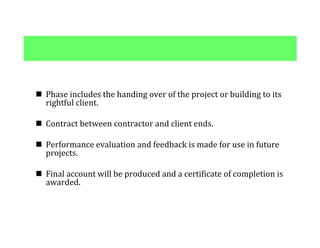  Phase	includes	the	handing	over	of	the	project	or	building	to	its	
rightful	client.
 Contract	between	contractor	and	client	ends.
 Performance	evaluation	and	feedback	is	made	for	use	in	future	
projects.
 Final	account	will	be	produced	and	a	certificate	of	completion	is	
awarded.
 