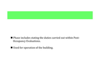 	Phase	includes	stating	the	duties	carried	out	within	Post-
				Occupancy	Evaluations.
	Used	for	operation	of	the	building.	
 