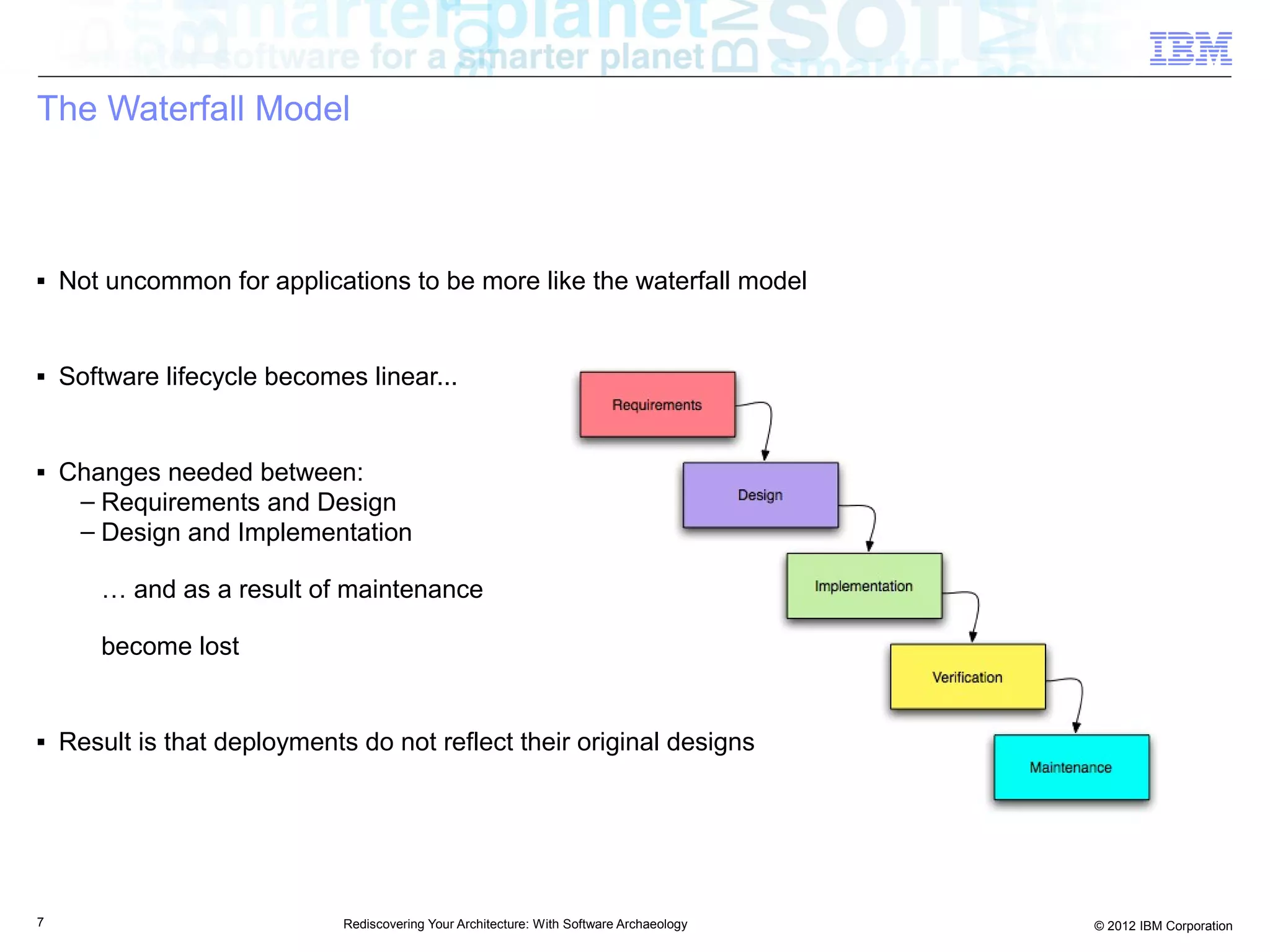 The Waterfall Model



■   Not uncommon for applications to be more like the waterfall model


■   Software lifecycle becomes linear...


■   Changes needed between:
     – Requirements and Design
     – Design and Implementation

       … and as a result of maintenance

       become lost


■   Result is that deployments do not reflect their original designs




7                             Rediscovering Your Architecture: With Software Archaeology   © 2012 IBM Corporation
 