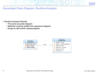Generated Class Diagram: Runtime Analysis



■    Runtime Analysis Results:
      – The same accurate diagram
      – Methods could be added from sequence diagram
      – Scope to add further classes/objects




37                         Rediscovering Your Architecture: With Software Archaeology   © 2012 IBM Corporation
 