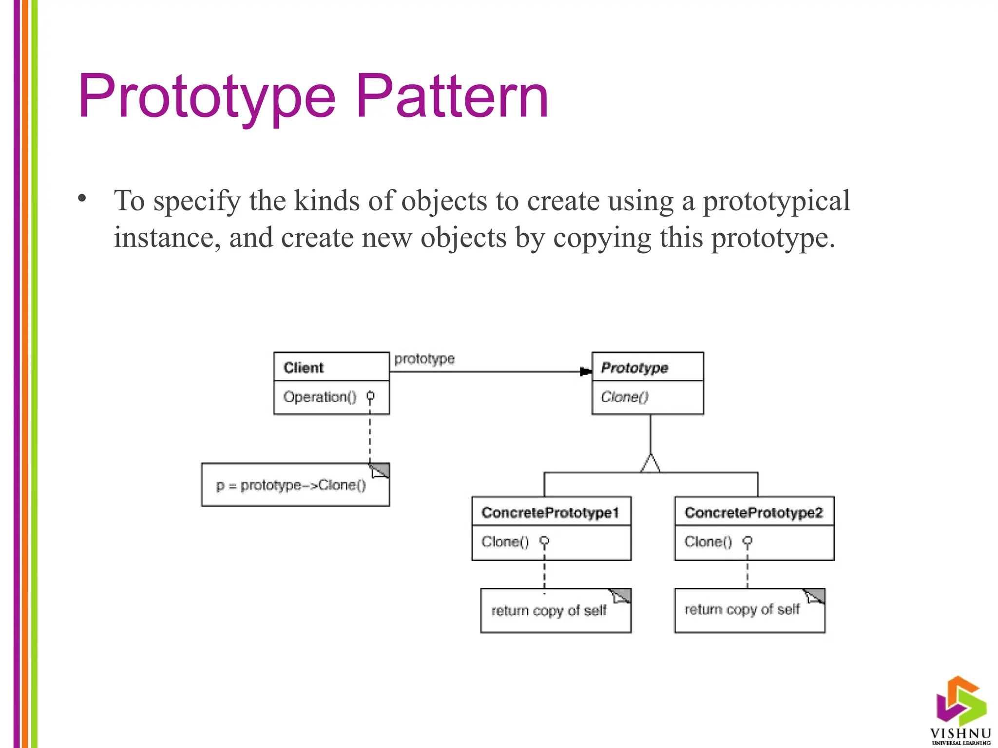 Prototype Pattern
• To specify the kinds of objects to create using a prototypical
instance, and create new objects by copying this prototype.
 