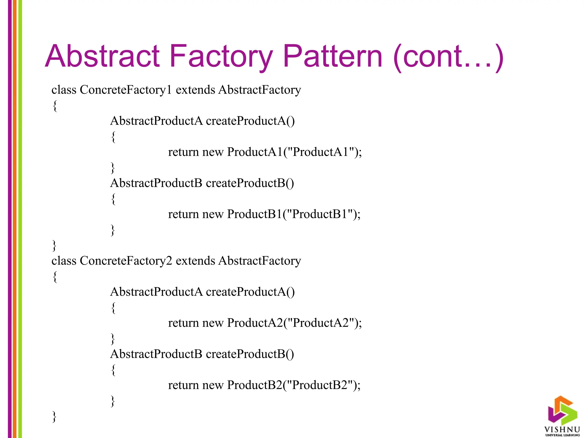 Abstract Factory Pattern (cont…)
class ConcreteFactory1 extends AbstractFactory
{
AbstractProductA createProductA()
{
return new ProductA1("ProductA1");
}
AbstractProductB createProductB()
{
return new ProductB1("ProductB1");
}
}
class ConcreteFactory2 extends AbstractFactory
{
AbstractProductA createProductA()
{
return new ProductA2("ProductA2");
}
AbstractProductB createProductB()
{
return new ProductB2("ProductB2");
}
}
 