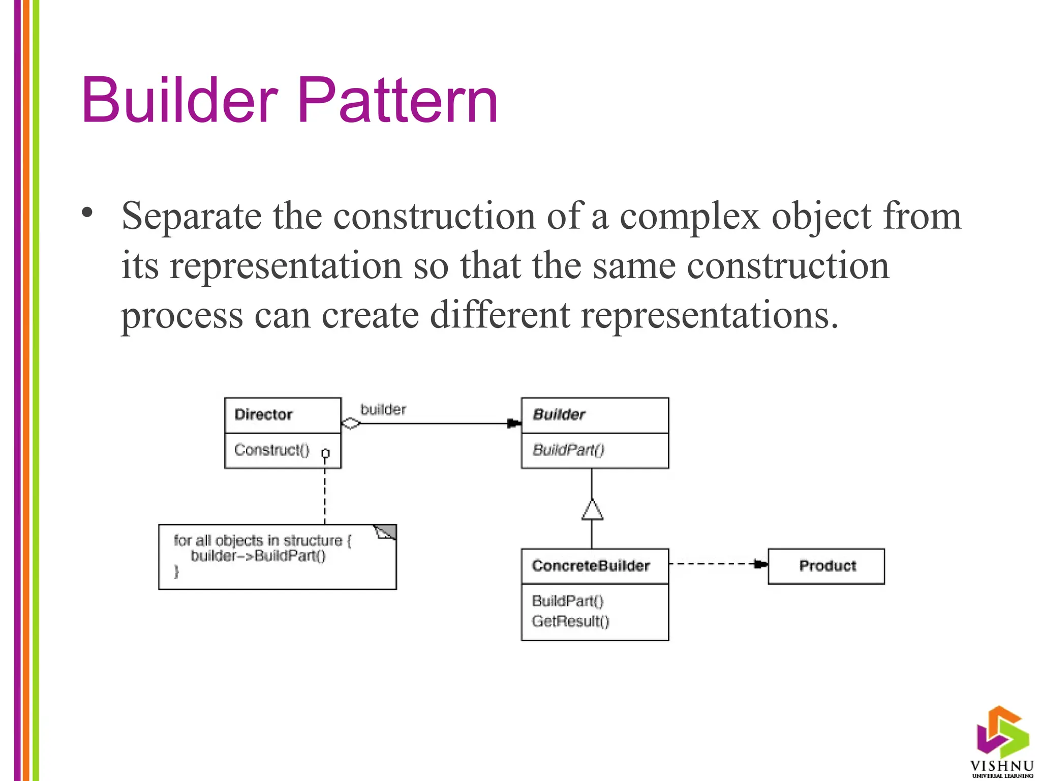 Builder Pattern
• Separate the construction of a complex object from
its representation so that the same construction
process can create different representations.
 