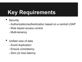 Key Requirements
• Security
- Authorization/authentication based on a central LDAP
- Role based access control
- Multi-tenancy
• Unified view of data
- Avoid duplication
- Ensure consistency
- Zero (or low) latency
 