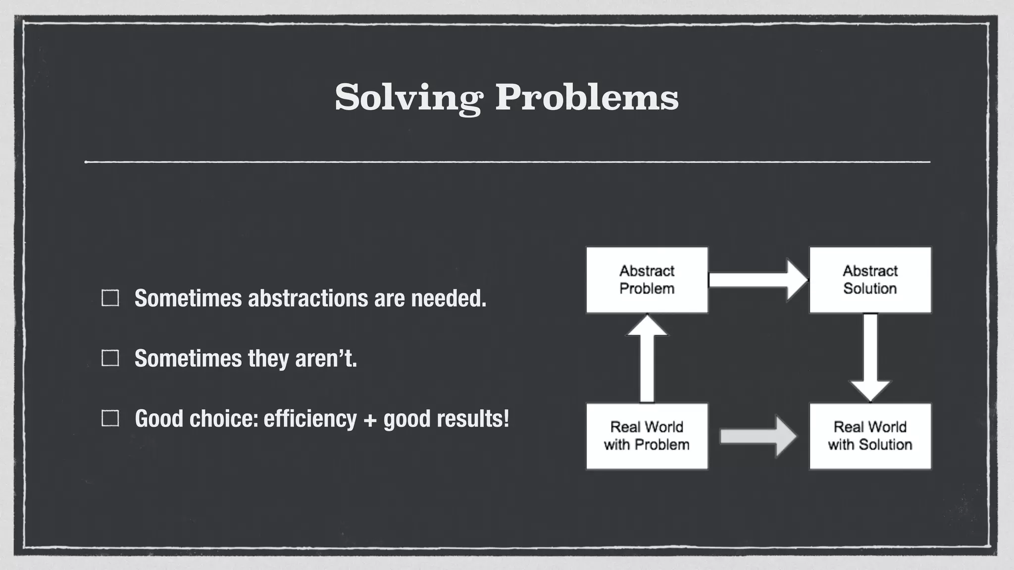 Solving Problems
Sometimes abstractions are needed.
Sometimes they aren’t.
Good choice: efﬁciency + good results!
 
