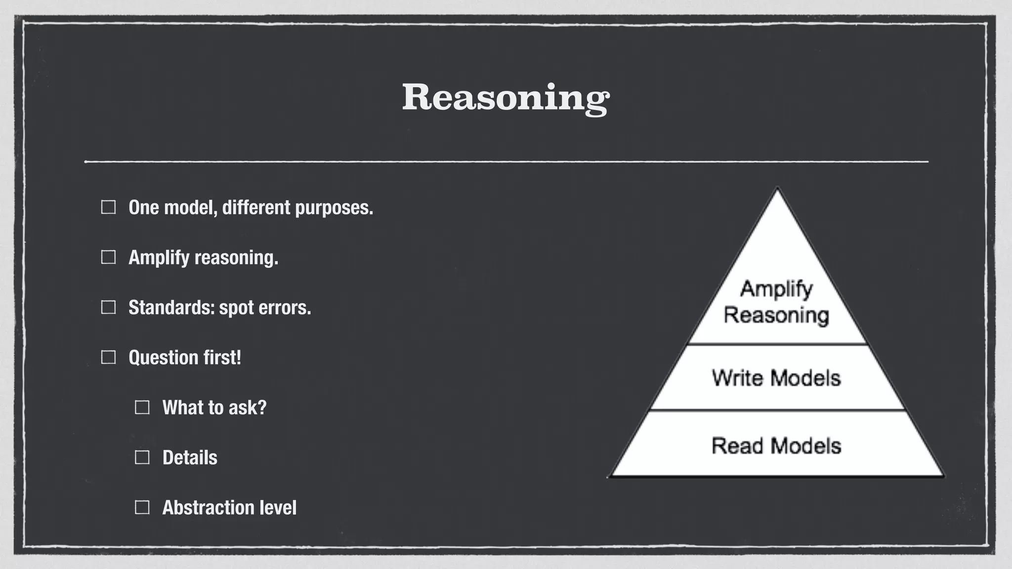 Reasoning
One model, different purposes.
Amplify reasoning.
Standards: spot errors.
Question ﬁrst!
What to ask?
Details
Abstraction level
 