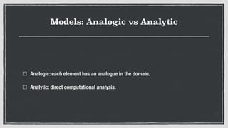 Models: Analogic vs Analytic
Analogic: each element has an analogue in the domain.
Analytic: direct computational analysis.
 