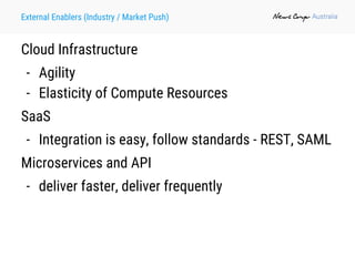 External Enablers (Industry / Market Push)
Cloud Infrastructure
- Agility
- Elasticity of Compute Resources
SaaS
- Integration is easy, follow standards - REST, SAML
Microservices and API
- deliver faster, deliver frequently
 