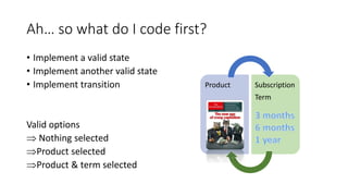 Ah… so what do I code first?
• Implement a valid state
• Implement another valid state
• Implement transition
Valid options
 Nothing selected
Product selected
Product & term selected
Product Subscription
Term
 