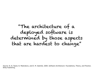 “The architecture of a
deployed software is
determined by those aspects
that are hardest to change”
Source: R. N. Taylor, N. Medvidovic, and E. M. Dashofy. 2009. Software Architecture: Foundations, Theory, and Practice.
Wiley Publishing.
 