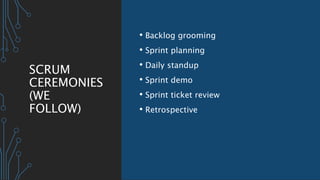 SCRUM
CEREMONIES
(WE
FOLLOW)
• Backlog grooming
• Sprint planning
• Daily standup
• Sprint demo
• Sprint ticket review
• Retrospective
 