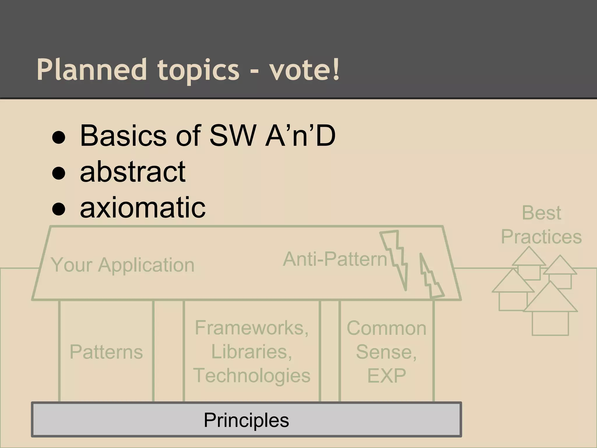Planned topics - vote!
Patterns
Frameworks,
Libraries,
Technologies
Common
Sense,
EXP
Principles
Your Application Anti-Pattern
Best
Practices
Principles
● Basics of SW A’n’D
● abstract
● axiomatic
 