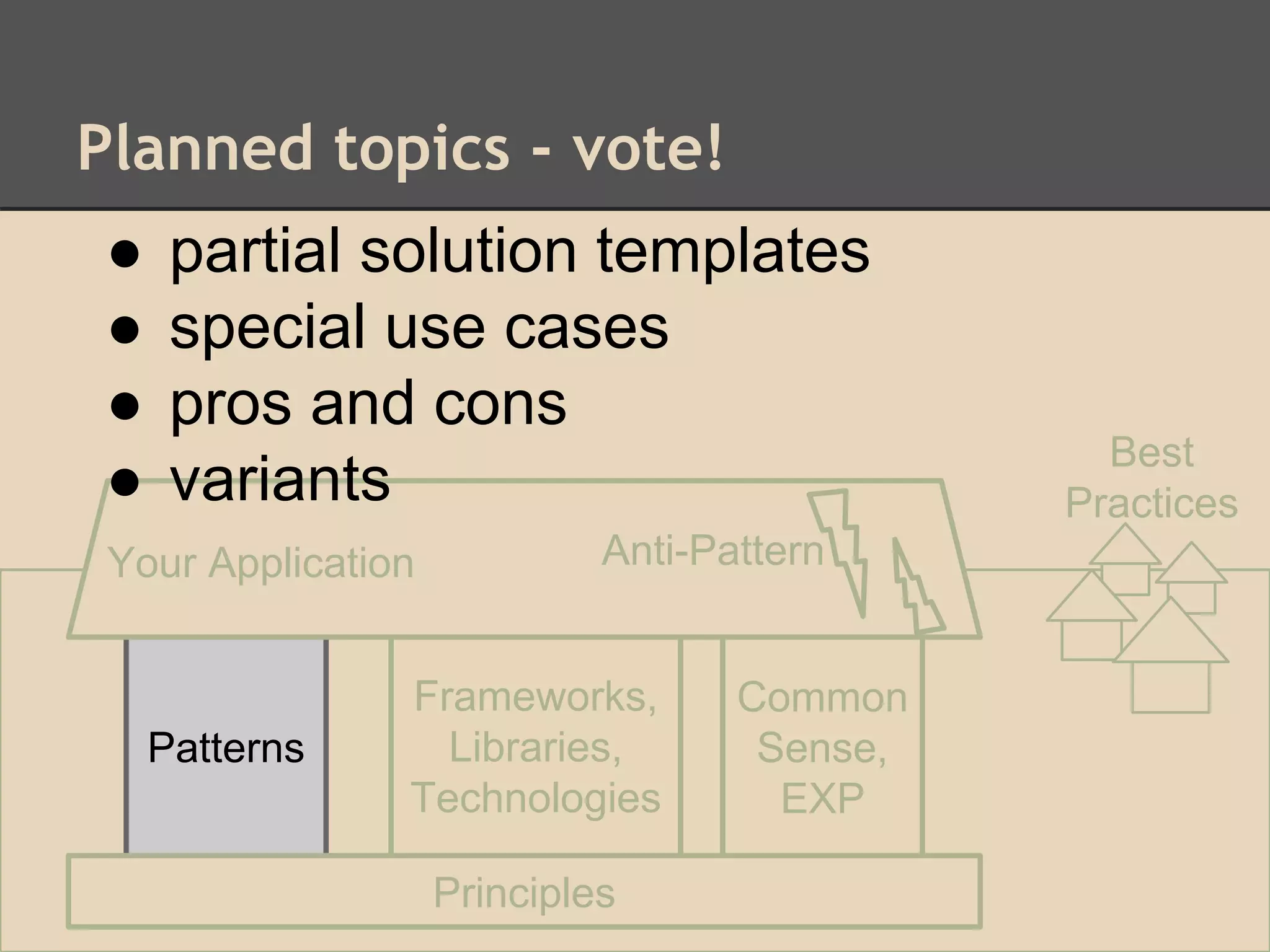 Planned topics - vote!
Patterns
Frameworks,
Libraries,
Technologies
Common
Sense,
EXP
Principles
Your Application Anti-Pattern
Best
Practices
● partial solution templates
● special use cases
● pros and cons
● variants
 