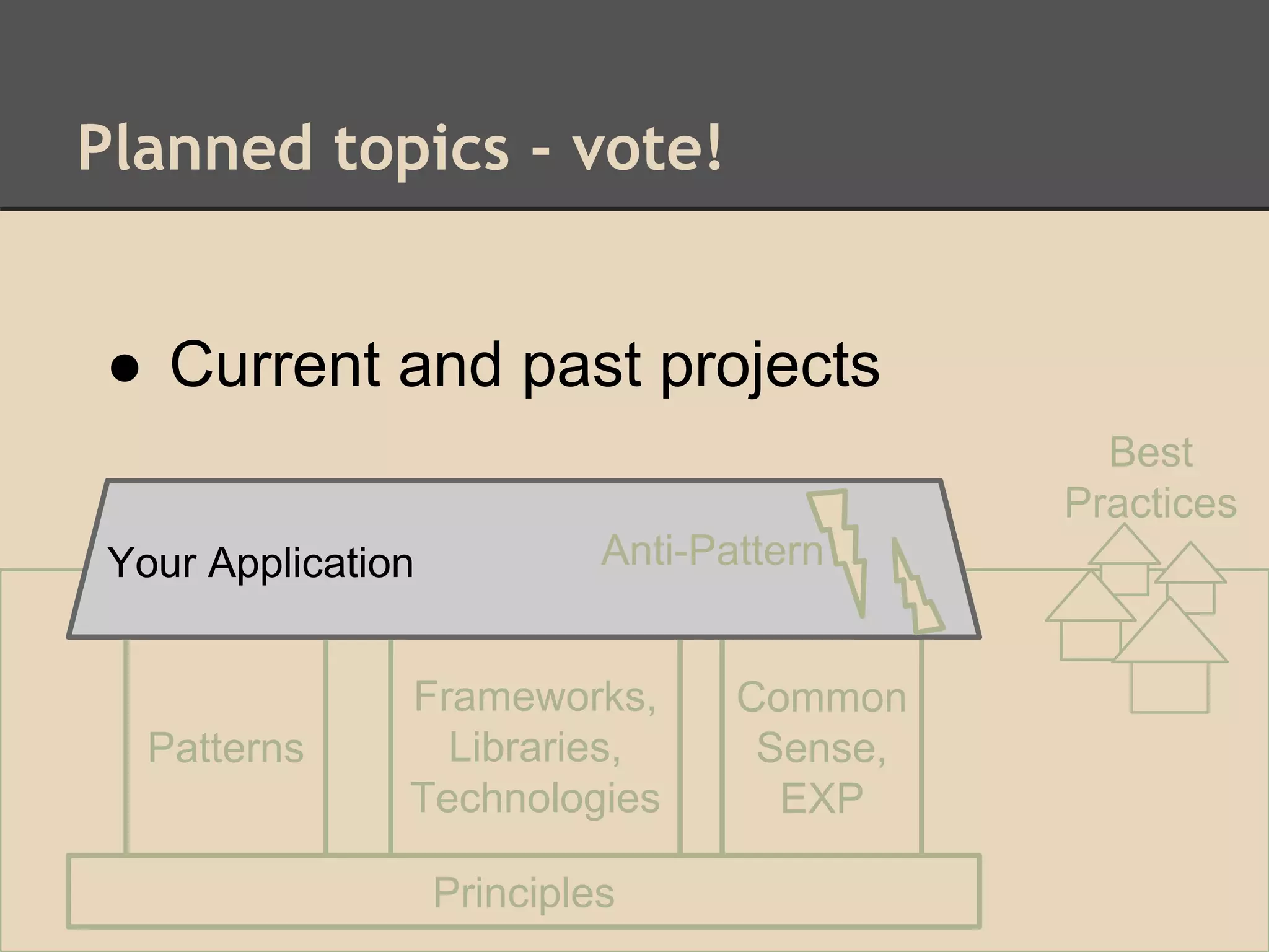 Planned topics - vote!
Patterns
Frameworks,
Libraries,
Technologies
Common
Sense,
EXP
Principles
Your ApplicationYour Application Anti-Pattern
Best
Practices
● Current and past projects
 