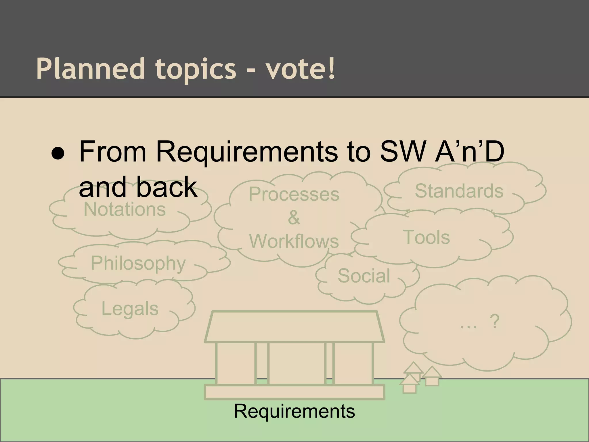 Planned topics - vote!
Philosophy
Legals
Processes
&
Workflows
… ?
RequirementsRequirements
Standards
Social
Notations
Tools
● From Requirements to SW A’n’D
and back
 