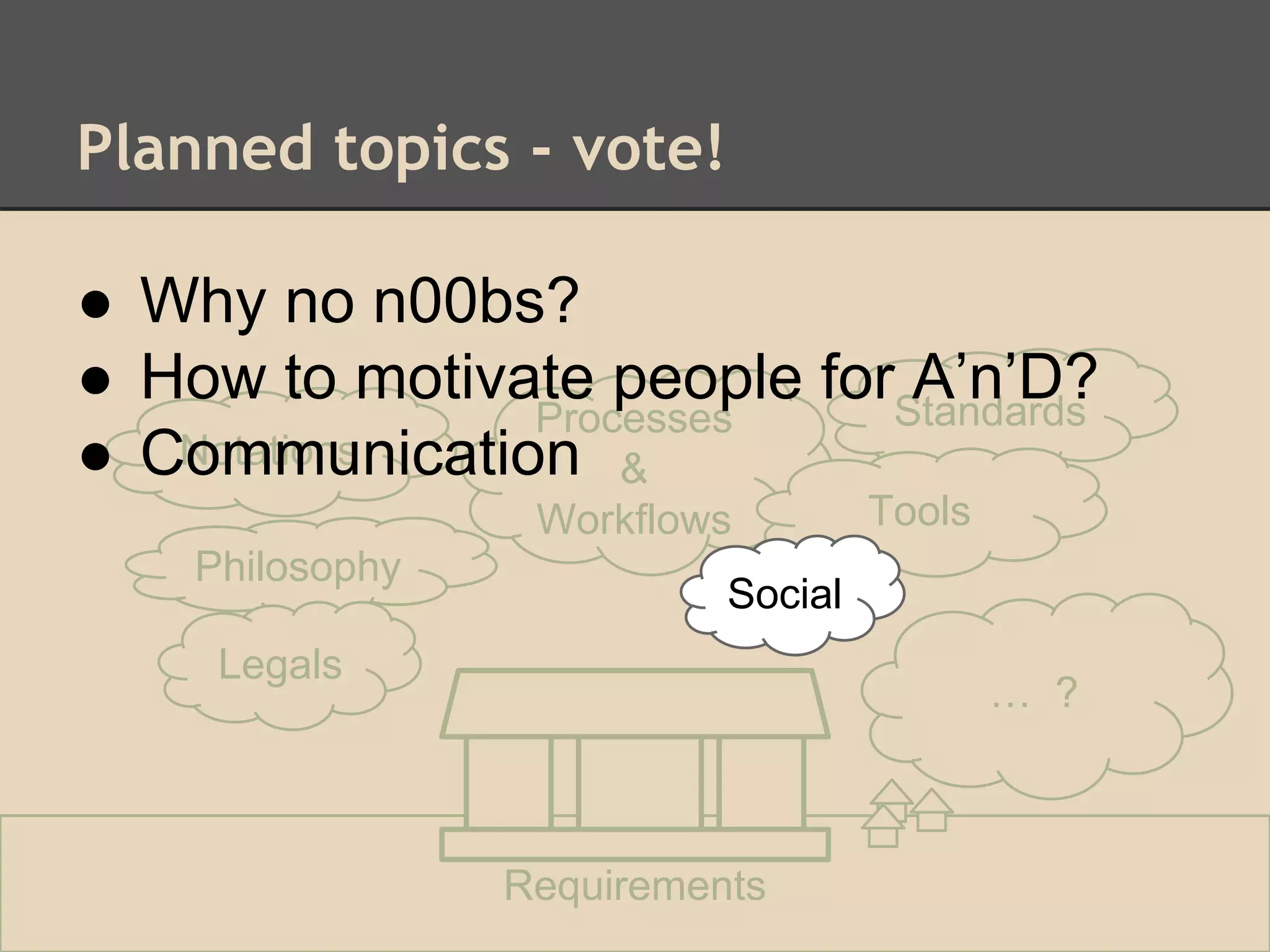 Planned topics - vote!
Philosophy
Legals
Processes
&
Workflows
… ?
Requirements
Standards
Social
Notations
Tools
Social
● Why no n00bs?
● How to motivate people for A’n’D?
● Communication
 