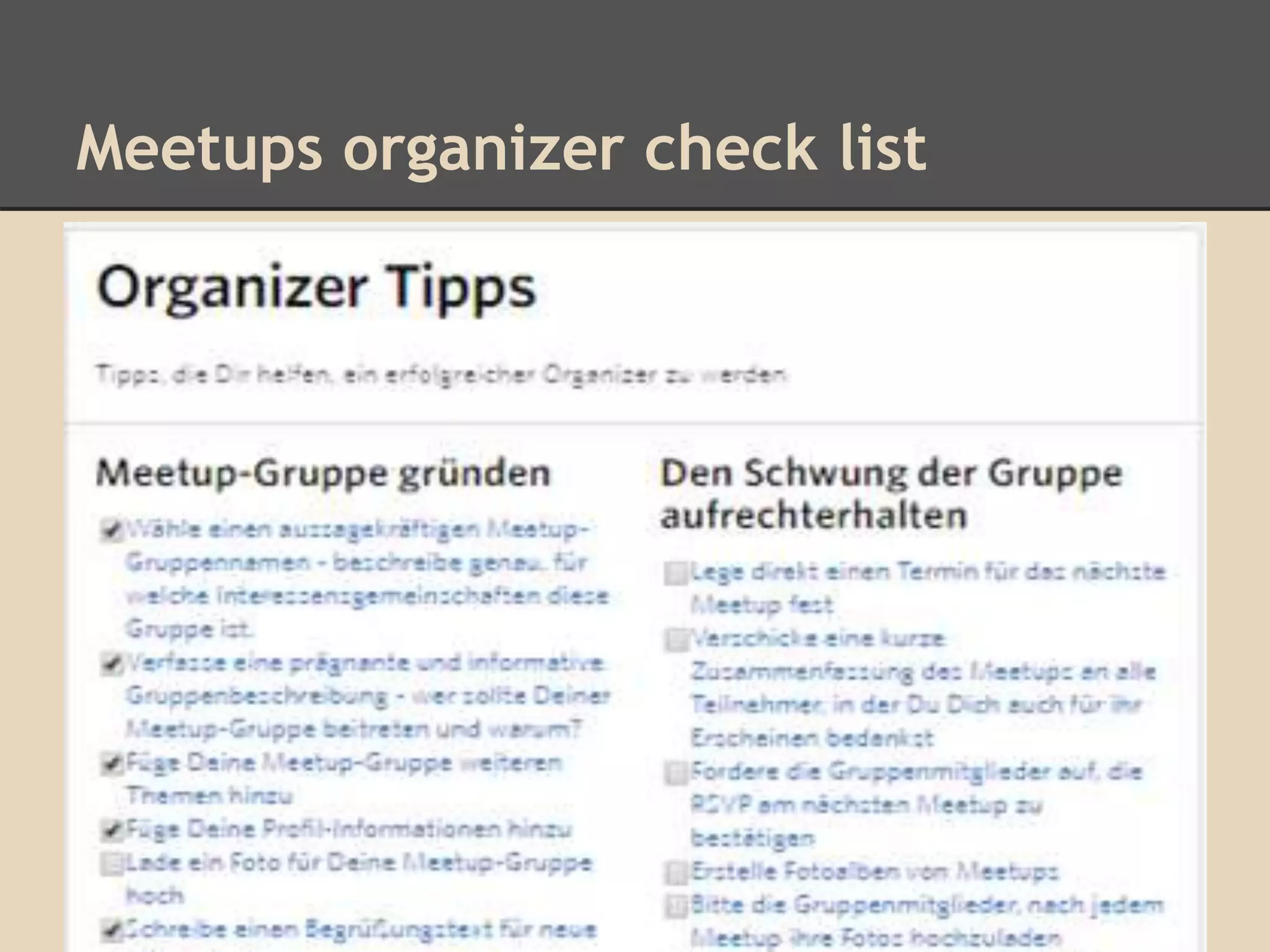 Meetups organizer check list
 