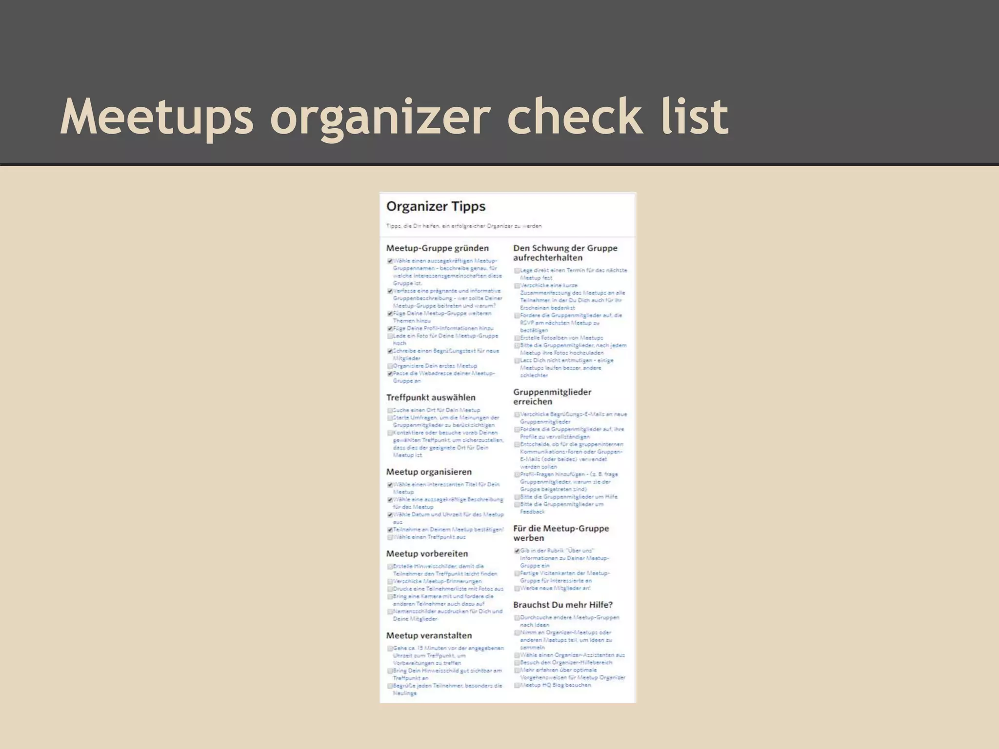 Meetups organizer check list
 