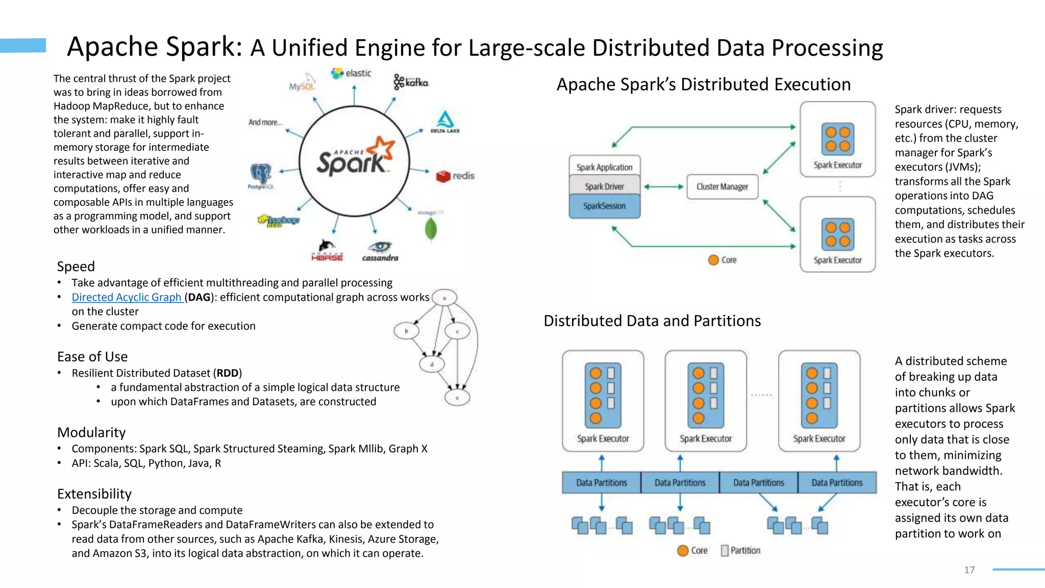 17
Apache Spark: A Unified Engine for Large-scale Distributed Data Processing
The central thrust of the Spark project
was to bring in ideas borrowed from
Hadoop MapReduce, but to enhance
the system: make it highly fault
tolerant and parallel, support in-
memory storage for intermediate
results between iterative and
interactive map and reduce
computations, offer easy and
composable APIs in multiple languages
as a programming model, and support
other workloads in a unified manner.
Speed
• Take advantage of efficient multithreading and parallel processing
• Directed Acyclic Graph (DAG): efficient computational graph across works
on the cluster
• Generate compact code for execution
Ease of Use
• Resilient Distributed Dataset (RDD)
• a fundamental abstraction of a simple logical data structure
• upon which DataFrames and Datasets, are constructed
Modularity
• Components: Spark SQL, Spark Structured Steaming, Spark Mllib, Graph X
• API: Scala, SQL, Python, Java, R
Extensibility
• Decouple the storage and compute
• Spark’s DataFrameReaders and DataFrameWriters can also be extended to
read data from other sources, such as Apache Kafka, Kinesis, Azure Storage,
and Amazon S3, into its logical data abstraction, on which it can operate.
Distributed Data and Partitions
A distributed scheme
of breaking up data
into chunks or
partitions allows Spark
executors to process
only data that is close
to them, minimizing
network bandwidth.
That is, each
executor’s core is
assigned its own data
partition to work on
Apache Spark’s Distributed Execution
Spark driver: requests
resources (CPU, memory,
etc.) from the cluster
manager for Spark’s
executors (JVMs);
transforms all the Spark
operations into DAG
computations, schedules
them, and distributes their
execution as tasks across
the Spark executors.
 