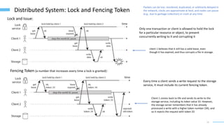 12
Distributed System: Lock and Fencing Token
Lock and Issue:
Fencing Token (a number that increases every time a lock is granted):
client 1 believes that it still has a valid lease, even
though it has expired, and thus corrupts a file in storage.
Only one transaction or client is allowed to hold the lock
for a particular resource or object, to prevent
concurrently writing to it and corrupting it
Every time a client sends a write request to the storage
service, it must include its current fencing token.
Client 1 comes back to life and sends its write to the
storage service, including its token value 33. However,
the storage server remembers that it has already
processed a write with a higher token number (34), and
so it rejects the request with token 33
Packets can be lost, reordered, duplicated, or arbitrarily delayed in
the network; clocks are approximate at best; and nodes can pause
(e.g., due to garbage collection) or crash at any time.
 