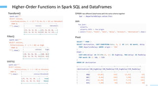 24
Higher-Order Functions in Spark SQL and DataFrames
Transform()
Filter()
EXISTS()
Union two different DataFrames with the same schema together
Join
Pivot
 