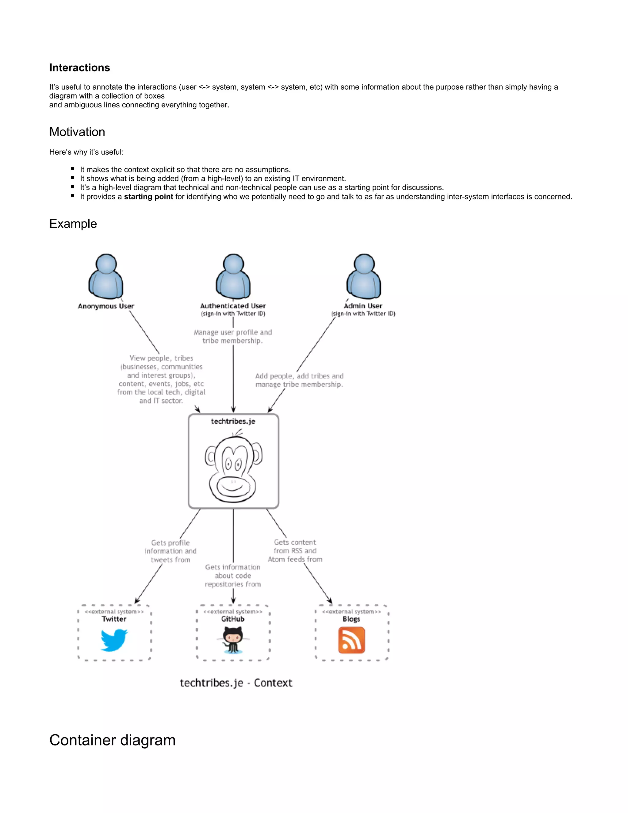 Interactions
It’s useful to annotate the interactions (user <-> system, system <-> system, etc) with some information about the purpose rather than simply having a
diagram with a collection of boxes
and ambiguous lines connecting everything together.
Motivation
Here’s why it’s useful:
It makes the context explicit so that there are no assumptions.
It shows what is being added (from a high-level) to an existing IT environment.
It’s a high-level diagram that technical and non-technical people can use as a starting point for discussions.
It provides a for identifying who we potentially need to go and talk to as far as understanding inter-system interfaces is concerned.starting point
Example
Container diagram
 