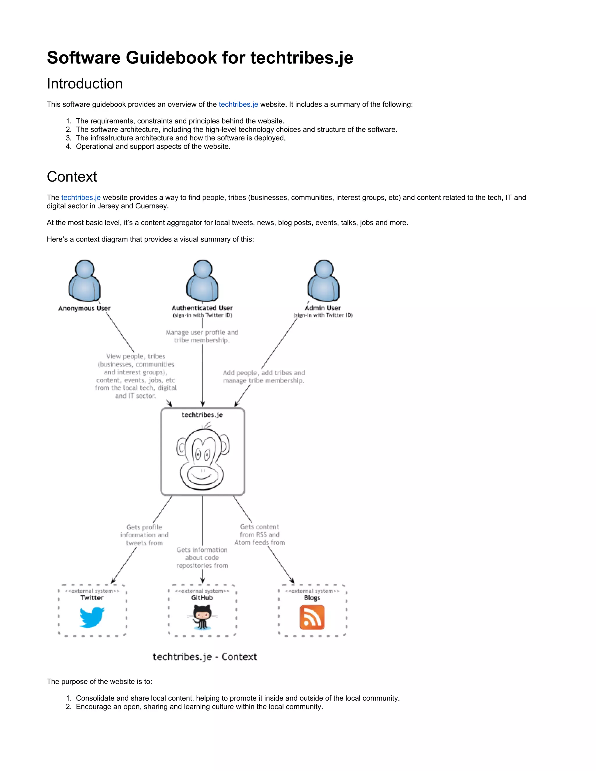 1.
2.
3.
4.
1.
2.
Software Guidebook for techtribes.je
Introduction
This software guidebook provides an overview of the techtribes.je website. It includes a summary of the following:
The requirements, constraints and principles behind the website.
The software architecture, including the high-level technology choices and structure of the software.
The infrastructure architecture and how the software is deployed.
Operational and support aspects of the website.
Context
The website provides a way to find people, tribes (businesses, communities, interest groups, etc) and content related to the tech, IT andtechtribes.je
digital sector in Jersey and Guernsey.
At the most basic level, it’s a content aggregator for local tweets, news, blog posts, events, talks, jobs and more.
Here’s a context diagram that provides a visual summary of this:
The purpose of the website is to:
Consolidate and share local content, helping to promote it inside and outside of the local community.
Encourage an open, sharing and learning culture within the local community.
 