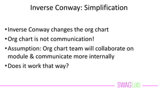 Inverse Conway: Simplification
•Inverse Conway changes the org chart
•Org chart is not communication!
•Assumption: Org chart team will collaborate on
module & communicate more internally
•Does it work that way?
 