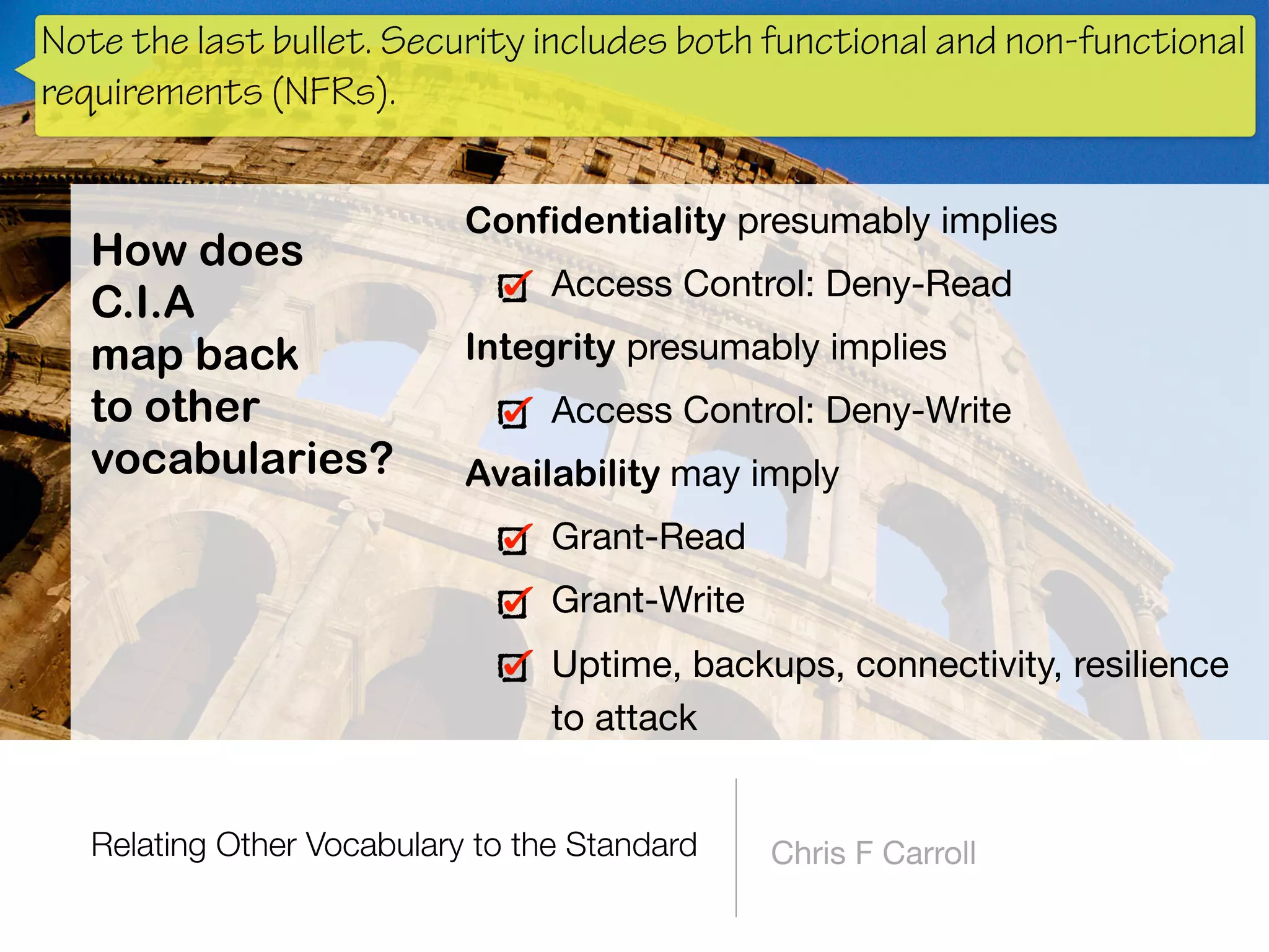 Relating Other Vocabulary to the Standard Chris F Carroll
Confidentiality presumably implies

Access Control: Deny-Read

Integrity presumably implies

Access Control: Deny-Write

Availability may imply
Grant-Read

Grant-Write

Uptime, backups, connectivity, resilience
to attack
How does
C.I.A
map back
to other
vocabularies?
Note the last bullet. Security includes both functional and non-functional
requirements (NFRs).
 