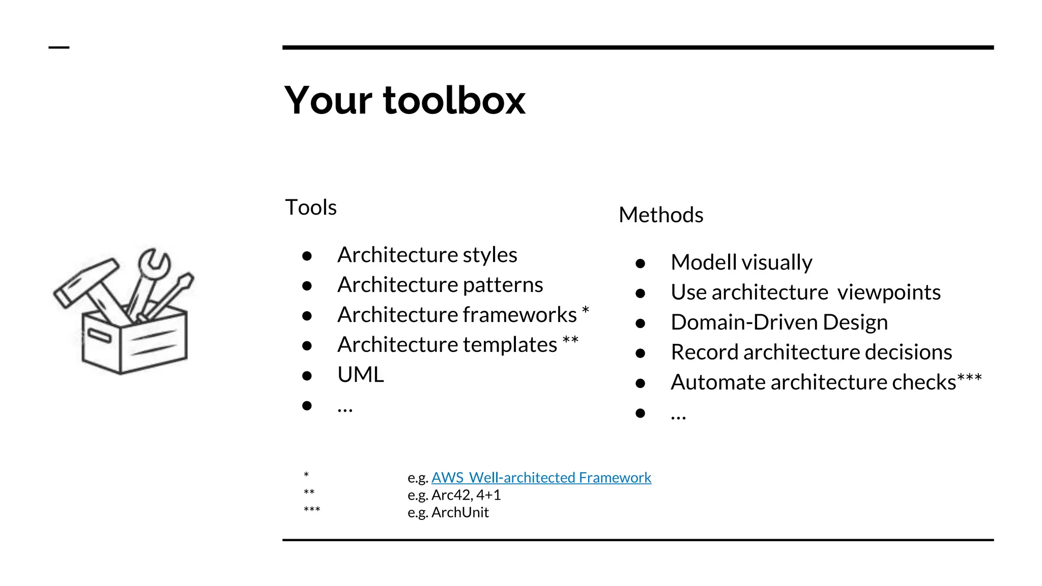 Your toolbox
Tools
● Architecture styles
● Architecture patterns
● Architecture frameworks *
● Architecture templates **
● UML
● …
Methods
● Modell visually
● Use architecture viewpoints
● Domain-Driven Design
● Record architecture decisions
● Automate architecture checks***
● …
* e.g. AWS Well-architected Framework
** e.g. Arc42, 4+1
*** e.g. ArchUnit
 