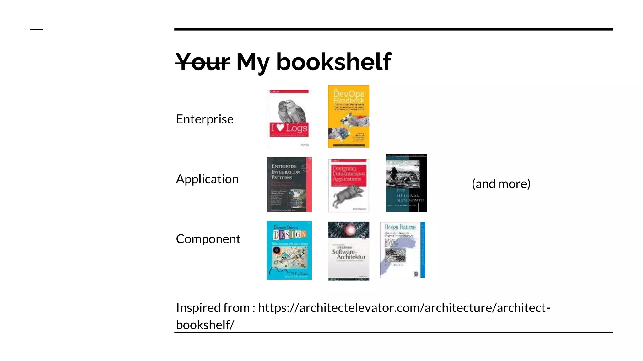 Your My bookshelf
Inspired from : https://architectelevator.com/architecture/architect-
bookshelf/
Enterprise
Application
Component
(and more)
 