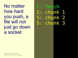 No matter                         C:   fetch
how hard                          S:   chunk 1
you push, a                       S:   chunk 2
file will not                     S:   chunk 3
just go down
a socket



Photos by Pieter Hintjens
cc-by-sa © 2012 Pieter Hintjens
 