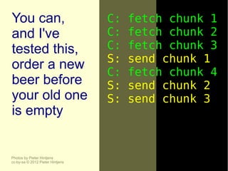 You can,                          C:   fetch chunk 1
and I've                          C:   fetch chunk 2
tested this,                      C:   fetch chunk 3
                                  S:   send chunk 1
order a new
                                  C:   fetch chunk 4
beer before                       S:   send chunk 2
your old one                      S:   send chunk 3
is empty


Photos by Pieter Hintjens
cc-by-sa © 2012 Pieter Hintjens
 