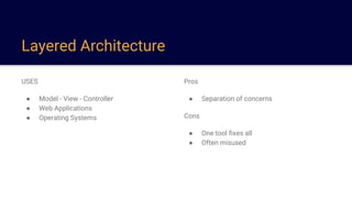 Layered Architecture
USES
● Model - View - Controller
● Web Applications
● Operating Systems
Pros
● Separation of concerns
Cons
● One tool fixes all
● Often misused
 
