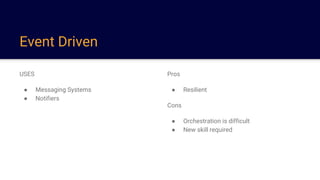 Event Driven
USES
● Messaging Systems
● Notifiers
Pros
● Resilient
Cons
● Orchestration is difficult
● New skill required
 