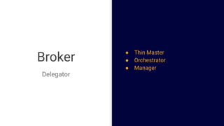 Broker
Delegator
● Thin Master
● Orchestrator
● Manager
 