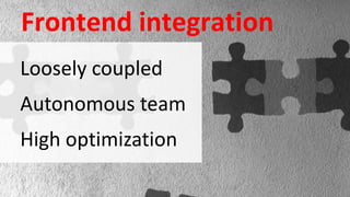 Frontend integration
Loosely coupled
Autonomous team
High optimization
 