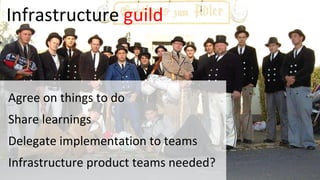 Infrastructure guild
Agree on things to do
Share learnings
Delegate implementation to teams
Infrastructure product teams needed?
 