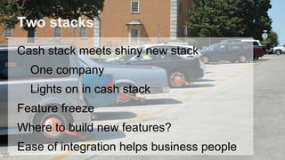 Two stacks
Cash stack meets shiny new stack
One company
Lights on in cash stack
Feature freeze
Where to build new features?
Ease of integration helps business people
WW
 