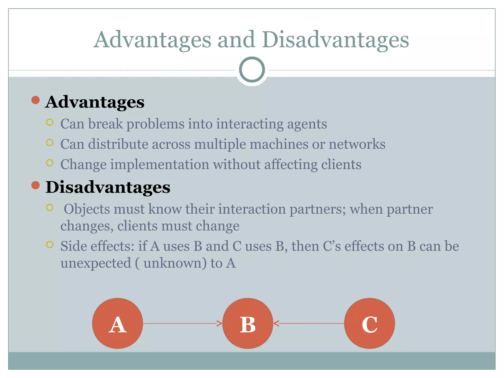 Advantages and Disadvantages
Advantages
 Can break problems into interacting agents
 Can distribute across multiple machines or networks
 Change implementation without affecting clients
Disadvantages
 Objects must know their interaction partners; when partner
changes, clients must change
 Side effects: if A uses B and C uses B, then C’s effects on B can be
unexpected ( unknown) to A
A B C
 