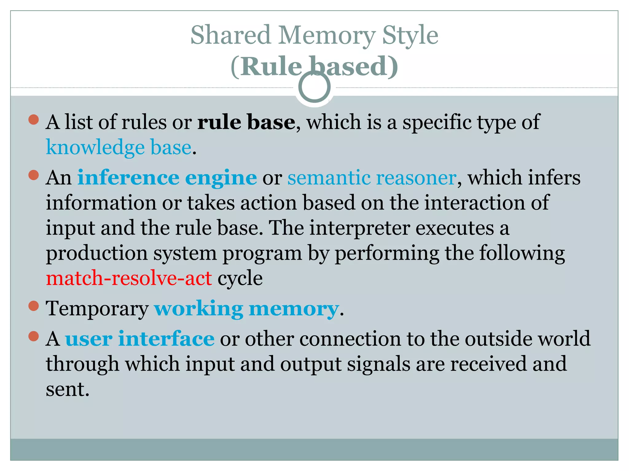 Shared Memory Style
(Rule based)
A list of rules or rule base, which is a specific type of
knowledge base.
An inference engine or semantic reasoner, which infers
information or takes action based on the interaction of
input and the rule base. The interpreter executes a
production system program by performing the following
match-resolve-act cycle
Temporary working memory.
A user interface or other connection to the outside world
through which input and output signals are received and
sent.
 