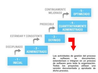 Las actividades de gestión del proceso
de     software     se    documentan,
estandarizan e integran en un proceso
de software para toda la organización.
Todos los proyectos utilizan una
versión documentada y aprobada de
dicho proceso.
 