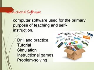 Instructional Software
computer software used for the primary
purpose of teaching and self-
instruction.
Drill and practice
Tutorial
Simulation
Instructional games
Problem-solving
 