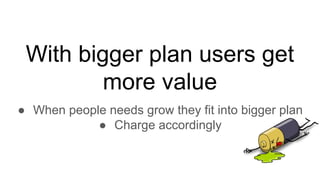 With bigger plan users get
more value
● When people needs grow they fit into bigger plan
● Charge accordingly
 